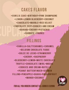 a poster with the names of cakes and cupcakes in pink, brown and white