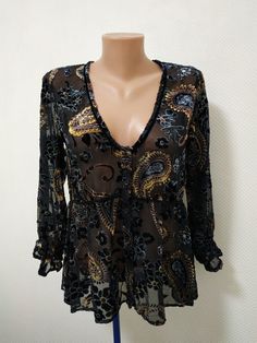 Nile Women's Boho Black transparent Loose Fit Blouse Paisley Print Velvet v-neck Fall Paisley Print V-neck Blouse, Fall V-neck Blouse With Paisley Print, Sheer Fitted V-neck Blouse, Bohemian V-neck Top For Night Out, Elegant Paisley Print Top For Party, Elegant Paisley Print Party Tops, Sheer V-neck Blouse For Party, Fall Sheer V-neck Blouse, Chic V-neck Tops With Paisley Print