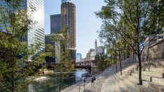 people are walking along the river in front of some tall buildings and trees on either side