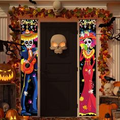 a door decorated with halloween decorations and skeletons