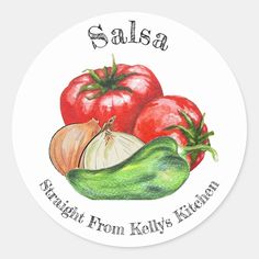 the label for salsa straight from kelly's kitchen, with tomatoes and peppers on it