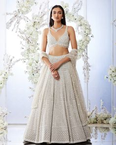 Grey Pearl Lehenga Set Crystal Lehenga, Pearl Lehenga, Grey Lehenga, Seema Gujral, Sangeet Outfit, Desi Outfits, Reception Lehenga, Indian Outfits Lehenga, Net Lehenga