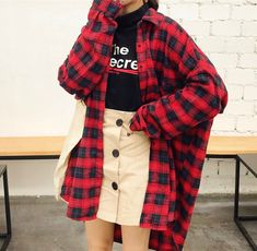 Harajuku Checker Turnover Collar Long Sleeve Shirt Checkered Shirt Outfit, Shirts Streetwear, Harajuku Fashion Street, Outfit Korean, Shirts Women Fashion, Loose Shirt, Spring Women, Loose Shirts, Red Outfit