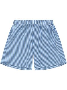 blue/white cotton poplin texture vertical stripe pattern elasticated waistband wide leg two side slash pockets thigh-length Short Cotton Bottoms With Vertical Stripes, Cotton Bottoms With Vertical Stripes, Cotton Bottoms With Vertical Stripes, Short, Striped Shorts For Daywear, Striped Cotton Beachwear Bottoms, Striped Bottoms With Elastic Waistband For Daywear, Cotton Relaxed Fit Shorts With Vertical Stripes, Relaxed Fit Striped Beachwear Shorts, Relaxed Fit Bottoms With Vertical Stripes For Summer