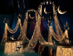 an image of a bed with lights and stars on it's headboard in the night