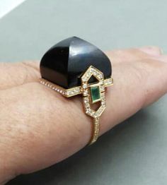 Unique and classic handmade Art Deco Style cocktail ring with a Black Onyx Pyramid measuring 16x16 mm set in a 14 kt yellow gold mounting,including full cut diamonds and 2 small Emerald baguettes on the sides. Art Deco Stil, Art Deco Style, Cocktail Ring, Deco Style, Cocktail Rings, Rings Statement, Handmade Art, Pyramid, Black Onyx