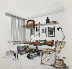 a drawing of a living room filled with furniture