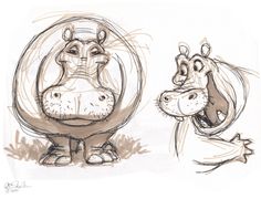 a drawing of two hippos with their heads turned to look like they are looking at each other