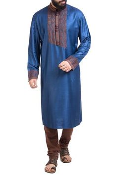 Shop for Poonam Kasera Blue Muga Dupion Embroidered Kurta And Churidar for Men Online at Aza Fashions Men Kurta, Blue Kurta, Luxury Sale, Embroidered Neckline, Churidar, Mandarin Collar, Festival Wear, Aza Fashion, Ukraine