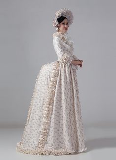 19th Century Champagne Victorian Bustle Gown Lolita Maid Dress Color:Champagne Floral  Material: This dress made of High Quality Satin, soft,smooth and comfortable to wear  Sleeve Length:  Three-quarter Sleeve  Dresses Length:Floor Length  Neckline:  V-Neck  Decoration: Ruffles + Lace  Package Includes:  Dress + Hat   The length of skirt about 45 inches (114 cm) long from waist to hem regardless of size. This dress is pictured with a 6-hoop skirt Petticoat underneath to achieve the look. Pe Edwardian Masquerade, Masquerade Party Dresses, Bustle Dresses, Gothic Victorian Dresses, Victorian Ball, Victorian Bustle, Wedding Dress Bustle, Three Quarter Sleeve Dresses, Bustle Dress