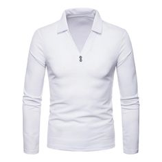 Turndown V Neck Long Sleeves Tee - White - 3D91381916 - Men's Clothing, Men's Tops & T-Shirts, Men's Polo Shirts  #MensPoloShirts #Men's #Clothing # #Men's #Tops #& #TShirts # #Men's #Polo #Shirts White Slim Fit Collared Top, White Collared Top For Winter, White Collared Winter Tops, White Fitted Long-sleeve Polo Shirt, White Long Sleeve Casual Polo Shirt, Casual White Long Sleeve Polo Shirt, Fitted Long Sleeve White Polo Shirt, White Fitted V-neck Polo Shirt, Spring Long Sleeve Polo Shirt