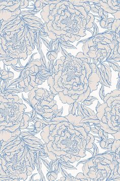 a blue and white floral wallpaper with large flowers on the side, as well as leaves