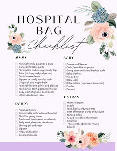 the hospital bag checklist with flowers on it