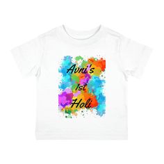 Celebrate this Holi with a CUSTOM creative, colorful, trendy, and stylish T-Shirt made just for your kid. Your chosen name would be printed in the place of 'Avni's' according to the design shown in the listing. The Rabbit Skins infant cotton jersey tees are here to wrap newborns in both comfort and custom style. Each jersey comes with shoulder-to-shoulder taping for enhanced durability at stress points, and double-needle stitching on the sleeves and bottom hem. The side-seam construction adds a classic, stylish touch while the Easy Tear™ label ensures no scratching discomfort, and no skin irritation. .: 100% cotton (fiber content may vary for different colors) .: Medium fabric (5.5 oz/yd² (186 g/m .: Regular fit .: EasyTear™ label Cute Multicolor T-shirt With Name Print, Playful Multicolor Crew Neck T-shirt, Colorful Playful Short Sleeve T-shirt, Colorful Cute Cotton T-shirt, Cute Colorful Cotton T-shirt, Playful Multicolor Tops With Name Print, Fun Multicolor Tops With Name Print, Playful Multicolor T-shirt With Name Print, Bebe T Shirt