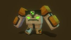 an animated image of a robot with glowing green eyes and arms, standing in front of a dark background