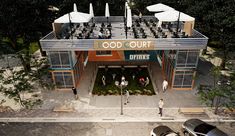 an aerial view of the outside of a restaurant