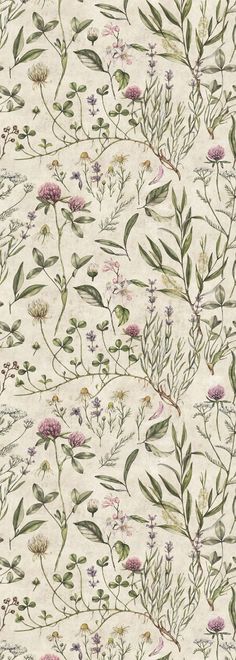 a floral wallpaper with many different flowers and leaves on white background, including green stems