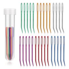 several different colored straws in a tube and one is filled with toothbrushes