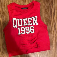 Size: Womens Size Small Brand / Description: Fashion Nova // Red // Distressed // Queen 1996 // Sleeveless // Crew Neck // 95% Polyester, 5% Spandex Condition: New With Tags Red Tank Top For Streetwear, 90s Style Spring Tank Top With Letter Print, 90s Style Letter Print Tank Top For Spring, 90s Style Tank Top With Letter Print For Spring, Red Cotton Tank Top With Letter Print, Red Y2k Sleeveless Crop Top, Red Sleeveless Y2k Crop Top, Casual Red Tank Top With Letter Print, Red Stretch Y2k Tank Top