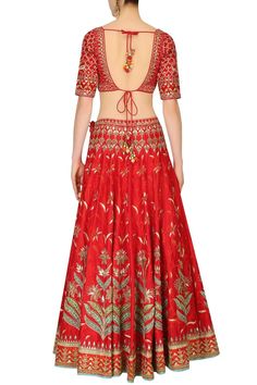 The color of this blouse is red and fabric is silk. This red color blouse is heavily embroidered with gotta patti. This blouse can be customized in any color wi Red Chanderi Lehenga With Resham Embroidery, Anarkali Tops For Navratri Reception, Semi-stitched Red Chanderi Blouse Piece, Traditional Cotton Silk Blouse With Intricate Embroidery, Bollywood Style Embroidered Top With Traditional Drape, Bollywood Style Festive Embroidered Top With Traditional Drape, Embroidered Top With Resham Embroidery For Festive Reception, Red Traditional Wear With Cutdana For Reception, Bollywood Style Embroidered Top For Reception