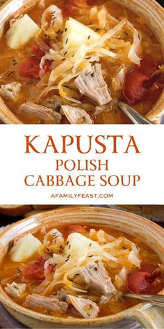 two bowls of kapsta polish cabbage soup with meat and cheese on top, in front of the caption