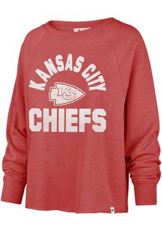 Make your way to the big game in this Kansas City ChiefsWomens Red Emerson Crew Sweatshirt! This Chiefs Long Sleeve Sweatshirt features a center front team name and logo. Stay warm and comfortable with this Womens KC Chiefs Chiefs Crew Sweatshirt. Long Sleeve Sweater With Ribbed Cuffs For Game Day, Red Sweatshirt With Ribbed Cuffs For Game Day, Red Tops With Ribbed Cuffs For Game Day, Chiefs Football Party, Kc Chiefs Shirts, Camp Clothes, Red Chief, Kansas City Chiefs Shirts, Chiefs Shirts