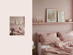 a bed with pink sheets and pillows in a bedroom next to two pictures on the wall