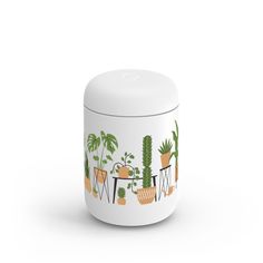 a white jar with potted plants painted on the front and sides, sitting next to a table