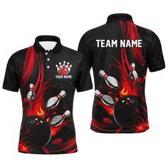 a black polo shirt with red flames and bowling balls on it, that says team name