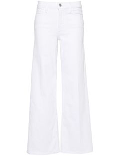 white cotton blend stretch-design denim high-rise belt loops classic five pockets ankle-length wide leg concealed fly and button fastening Mid-rise White Denim Wide Leg Pants, Elegant Mid-rise Cotton Flare Jeans, High-rise White Jeans With Belt Loops, High Rise White Jeans With Belt Loops, White High Rise Jeans With Belt Loops, Wide Leg Cropped Jeans With Belt Loops For Spring, Mid-rise White Pants With Belt Loops, Cotton Wide Leg Flare Jeans With Belt Loops, White Jeans With Belt Loops For Spring