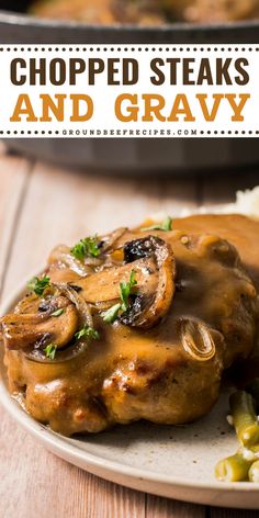 A hearty dinner recipe featuring smothered hamburger steaks! Ultra savory, creamy, and meaty, every bite of these easy chopped steaks and gravy is so good. The whole family will love this yummy comfort food! Chopped Steak And Gravy, Chopped Steak Recipes, Beef And Mushroom Recipe, Hamburger Dinner, Hamburger Dinner Ideas, Hamburger Steak And Gravy, Hamburger Gravy, Hamburger Recipes Patty, Steak Dinners