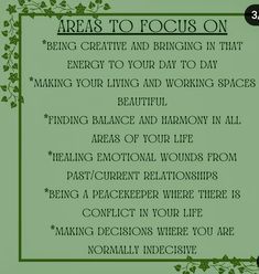 a green poster with the words, areas to focus on being creative and bring in that energy