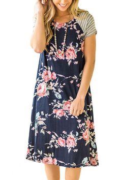 Navy Blue Floral Print A-line Loose T-shirt Dress Spring Casual Midi Length T-shirt Dress, Casual Midi Length T-shirt Dress For Spring, Casual Summer T-shirt Dress, Midi Length, Casual Midi-length T-shirt Dress For Summer, Casual Midi Length T-shirt Dress For Summer, Casual T-shirt Dress Midi Length For Summer, Blue Casual T-shirt Dress For Spring, Casual Blue T-shirt Dress For Spring, Casual Blue Floral Dress With Short Sleeves