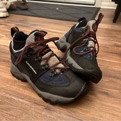 Womens Vintage Salomon X Mountain Contragrip Hiking Boots, Size 7, Great Condition, Offers Welcome. Rugged Lace-up Hiking Boots With Branded Insole, Gore-tex Lace-up Hiking Boots For Adventure, Rugged Abrasion-resistant Hiking Boots, Salomon Hiking Boots Woman, Gore-tex Lace-up Hiking Boots For Camping, Salomon Shoes, Shoes Womens, Lace Up Boots, Blue Gray