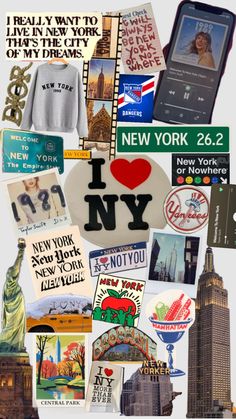 the collage has many different pictures and words on it, including new york city's famous landmarks