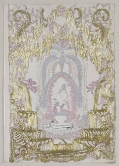 an ornately decorated wall hanging with gold trimmings and pink, purple and white designs