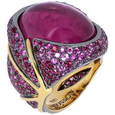 Pink Tourmaline 23.33 Carat Ruby Pink Sapphire 18 Karat Yellow Gold Ring Absolutely spactacular Pink oval Cabochon shape Tourmaline weighing 23.33 Carat in our Ring from "New Age" Collection. It surrounded by 18 Karat Yellow Gold and mix of 78 Ruby weighing 1.79 Carat and 183 Pink Sapphires weighing 4.37 Carat inspires thoughts about something mystic. In brightness it reminiscent of Art Deco style, but according to the smoothness of lines, it is rather Art Nouveau style. Therefore, you can wear Purple Chalcedony, Gold Flower Ring, Contemporary Ring, Black Sapphire, Expensive Jewelry, Estilo Art Deco, Fabulous Jewelry, Yellow Gold Earring, Yellow Gold Ring