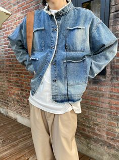 Model is 5ft 8.9''(175cm) tall, 122 lbs(55kg) weight and wearing a size L - WASHED BLUE- Stand collar- Distressed- Denim- Button-up Denim Blue Button-up Jeans For Streetwear, Washed Blue Denim Jacket With Pockets, Casual Light Blue Cotton Denim Jacket, Light Blue Casual Cotton Denim Jacket, Light Blue Cotton Denim Jacket, Casual Washed Blue Denim Jacket With Pockets, Casual Light Blue Button-up Denim Jacket, Casual Washed Blue Denim Jacket With Frayed Hem, Casual Distressed Button-up Jeans