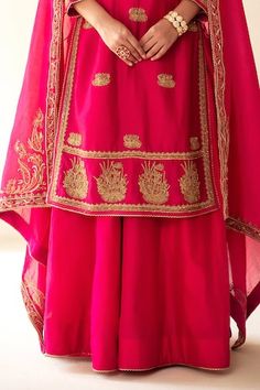 Pink straight kurta with scattered floral embroidered buttis using sequins, cutdana. Paired with a flared skirt and dupatta with embroidered border. Comes along with a slip. - Aza Fashions Embroidered Border Sharara For Traditional Ceremonies, Embroidered Palazzo Set For Traditional Ceremonies, Sharara With Motifs For Traditional Ceremonies, Ceremonial Sets With Embroidered Border, Embroidered Sets For Reception And Festivals, Embroidered Border Sets For Reception And Festivals, Traditional Palazzo Set With Motifs And Traditional Drape, Embroidered Border Sets For Receptions And Festivals, Traditional Drape Sets With Embroidered Border For Reception