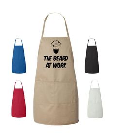 three aprons with the words, the beard at work on them in different colors