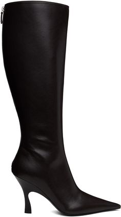 Knee-high grained faux-leather boots in brown. · Pointed toe · Zip closure at heel · Grained faux-leather lining · Modified stiletto heel with rubber injection · Polished faux-leather sole · Heel: H4 Made from cruelty-free, non-animal materials. Supplier color: Coffee Stella Mccartney Boots, Womens High Heel Boots, Knee High Heels, Chain Strap Bag, Faux Leather Boots, Socks And Heels, Pointed Toe Boots, Color Coffee, Floral Shoes