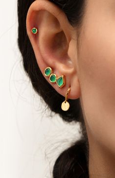 Add a whisper of color with this dainty stud handmade in polished 18-karat-gold vermeil and set with a bright green onyx. Its small size makes it perfect for piling on with other earrings for a fun, customized look. Style Name:Monica Vinader Mini Green Onyx Stud Earrings. Style Number: 6552793. Elegant Green Onyx Gold Earrings, Modern Gold Earrings For May Birthstone, Minimalist Green Gold-plated Earrings, Dainty Gold Earrings With Emerald, Dainty Gold Emerald Earrings, Piercings For Small Ears, Dainty Studs, Tiny Studs, Tiny Stud Earrings