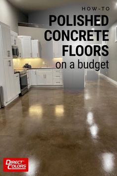 polished concrete floor kitchen Concrete Stained Floors Kitchen, Industrial Concrete Floor, Concrete Epoxy Floors In House, Diy Concrete Floors Indoor, Floors On A Budget, Cleaning Concrete Floors, Retirement Countdown, Concrete Basement Floors, Acid Stained Concrete Floors