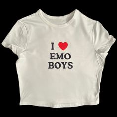 * Sublimated I love emo boys cropped baby tee * Mannequin is wearing size M * Mannequin measurements:    * Bust: 35" (C cup)    * Waist: 26"    * Hip: 40" * Soft, breathable, and stretchy material * For a looser fit, size up Fitted Emo T-shirt For Summer, Summer Cotton Emo Style Tops, White Short Sleeve Grunge Crop Top, Summer Emo Cotton Tops, Summer Emo Style Cotton Tops, Short Sleeve Emo Top With Letter Print, Emo Short Sleeve Top With Letter Print, Emo Letter Print Short Sleeve Top, Fitted Short Sleeve Emo Tops