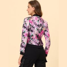 This bomber jacket is designed with floral prints in bright colors and long sleeves. It is detailed with a zip fastening front and ribbed at the cuffs and hem. Wear yours over an all-black outfit to keep it in the spotlight. Made of 100% Polyester. Features zip fastening through front and ribbed trims and cuffs. Machine wash inside out. The body size chart shows fitting size, please check your measurements to make sure the item fits before ordering. Lightweight Shorts, In The Spotlight, Women's Jackets, All Black Outfit, Woman Standing, Chic Woman, Womens Clothing Sizes, Short Jacket, Body Size