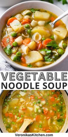 Vegetable noodle soup, made with carrots, potatoes, pasta, and sweet peas. Basic Soup Recipe, Vegetarian Noodle Soup, Noodles Dinner, Cold Weather Soup, Veggie Soup Recipes, Vegetable Noodle Soup, Vegetable Noodle, Vegetable Stew Recipe, Veg Soup