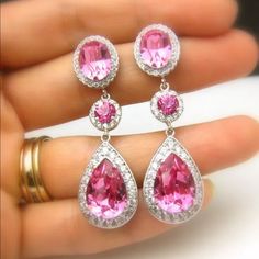 Pink Teardrop Jewelry For Party, Pink Sterling Silver Jewelry For Wedding, Pink Drop Earrings For Anniversary, Pink Dangle Jewelry For Party, Pink Drop Jewelry For Anniversary, Pink Cubic Zirconia Dangle Jewelry, Elegant Pink Sterling Silver Bridal Earrings, Pink Drop Earrings For Party, Pink Earrings For Anniversary