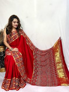 Package Contains: Saree, Blouse, Petticoat Saree Gajji silk fabrics Print & hand block print Fancy Jari Chex Pallu Exclusive fancy sarees AJRAKH new BANDHEJ   GAJJI SILK AJRAKH SAREES With FREE Saree fall and Pico with matching petticoat. Our Services- Stitching service is also available on customer demand. Please get in touch with us for Stitching Service. We customize everything when it comes to ethnic wear. We Provide both i.e. unstitched and stitched blouse as required, so feel free to conta Bollywood Style Pre-draped Saree For Diwali Puja, Bollywood Style Pre-draped Saree For Puja Festivals, Festive Pre-draped Saree With Pallu For Festivals, Navratri Pre-draped Saree For Traditional Ceremonies, Navratri Pre-draped Saree For Traditional Ceremonies With Traditional Patterns, Navratri Pre-draped Saree With Traditional Patterns, Bollywood Style Pre-draped Saree For Navratri Puja, Bollywood Pre-draped Saree For Navratri Puja, Navratri Traditional Drape Blouse Piece For Ceremonies