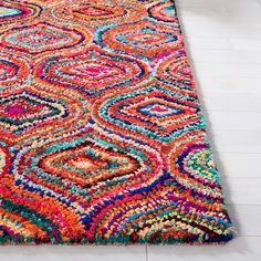 a multicolored area rug on the floor