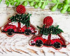 Seed Bead Red Christmas Car Earrings with Red Bead Post Topper   Lightweight Nickel Free  Hypoallergenic  Arrives in Gift Box Same Day Shipping Car Earrings, Earrings Bead, With Christmas Tree, Tree Earrings, Christmas Tree Earrings, Christmas Car, Earrings Christmas, Earring Tree, Earrings Red